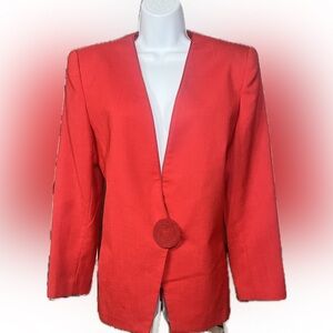 Vintage Red Blazer with Shoulder Pads and Pockets. Single Statement Button